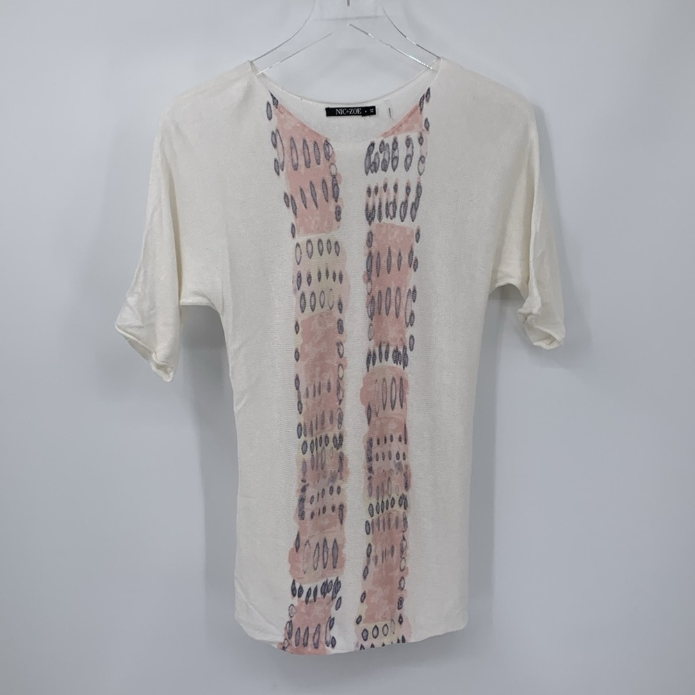 NIC+ZOE linen blend sweater cream pink gray animal print short sleeve Dolman XS